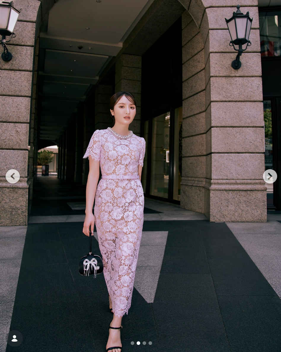 Self-Portrait Pink Floral Lace Pearl Embellished Neck Belted Midi Dress
