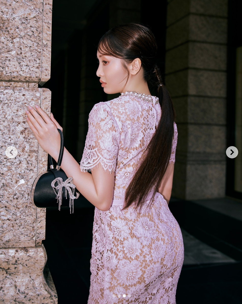 Self-Portrait Pink Floral Lace Pearl Embellished Neck Belted Midi Dress