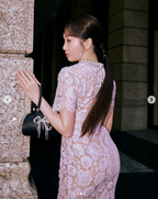 Self-Portrait Pink Floral Lace Pearl Embellished Neck Belted Midi Dress
