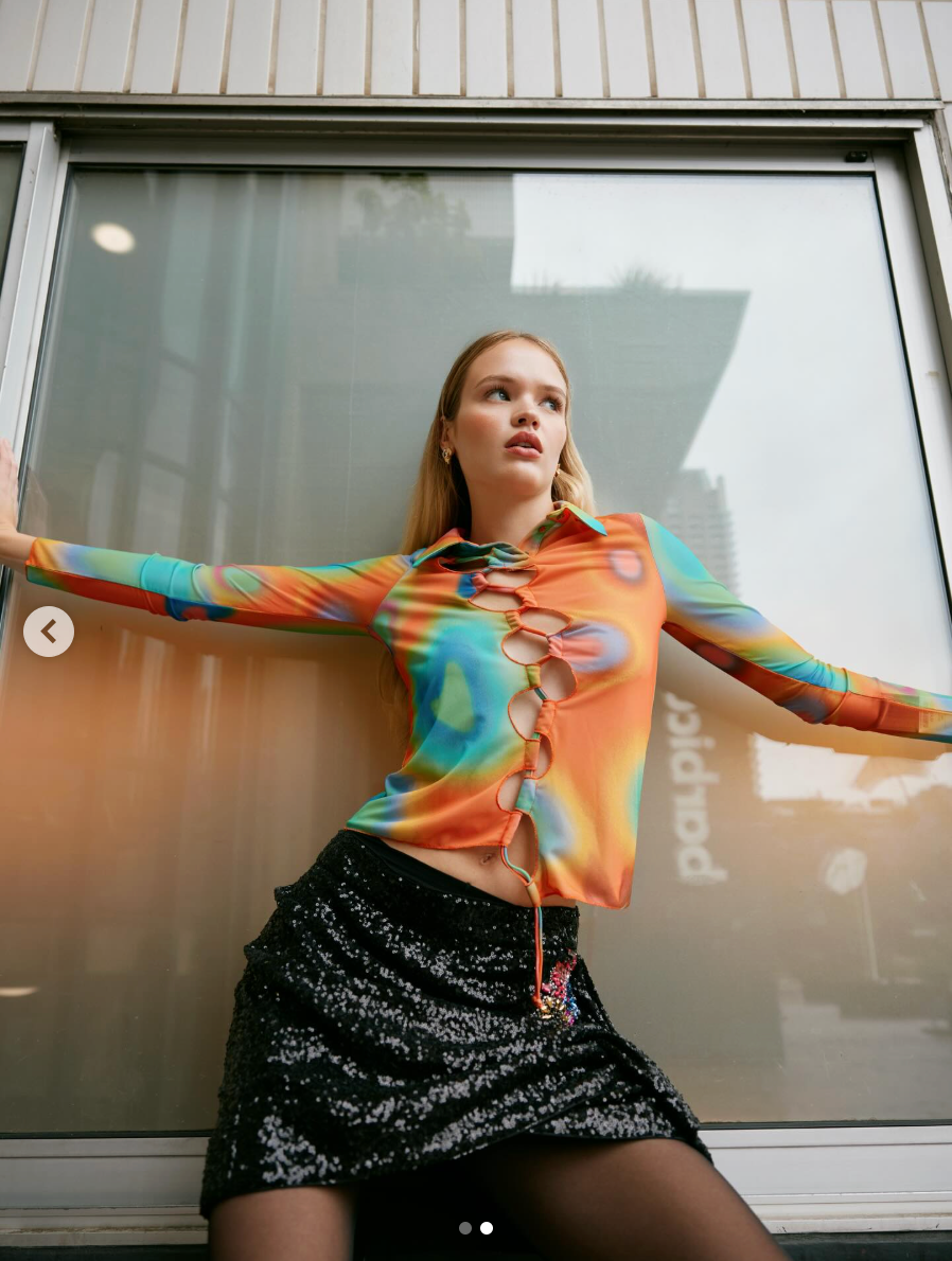 AVAVAV Orange Mesh Multicolor Cut-Out Shirt