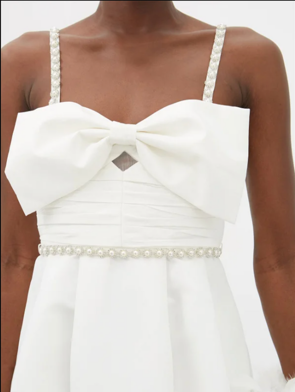 SELF-PORTRAIT White Bow Front Pearl and Crystal Embellished Taffeta Mini Dress - House Of Huntington