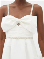SELF-PORTRAIT White Bow Front Pearl and Crystal Embellished Taffeta Mini Dress - House Of Huntington
