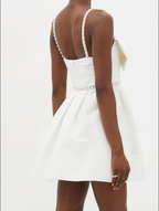SELF-PORTRAIT White Bow Front Pearl and Crystal Embellished Taffeta Mini Dress - House Of Huntington