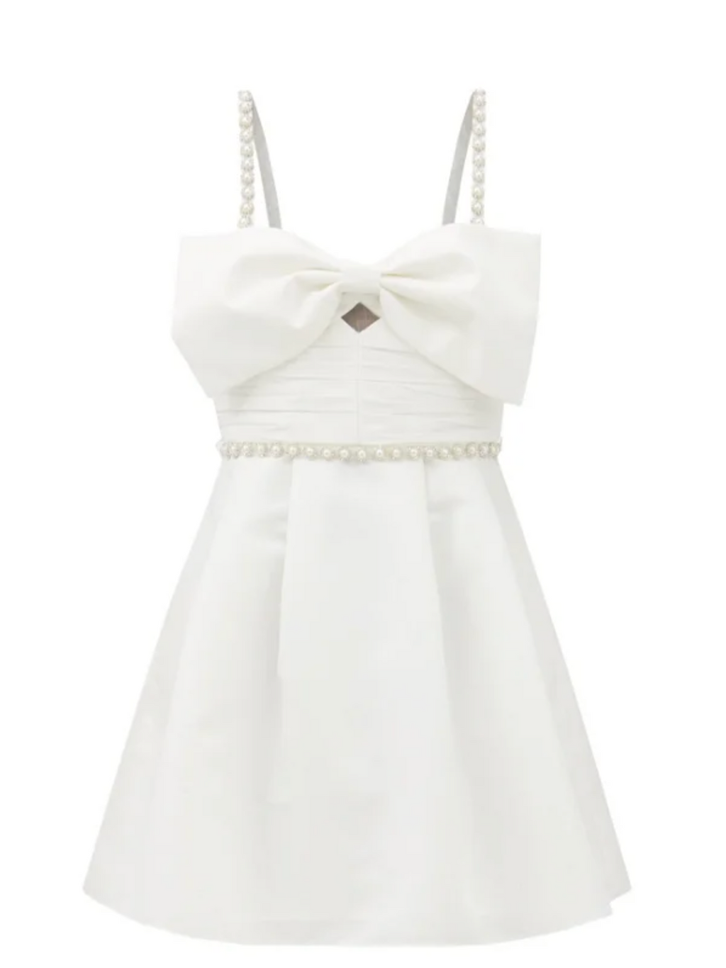 SELF-PORTRAIT White Bow Front Pearl and Crystal Embellished Taffeta Mini Dress - House Of Huntington