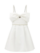 SELF-PORTRAIT White Bow Front Pearl and Crystal Embellished Taffeta Mini Dress - House Of Huntington