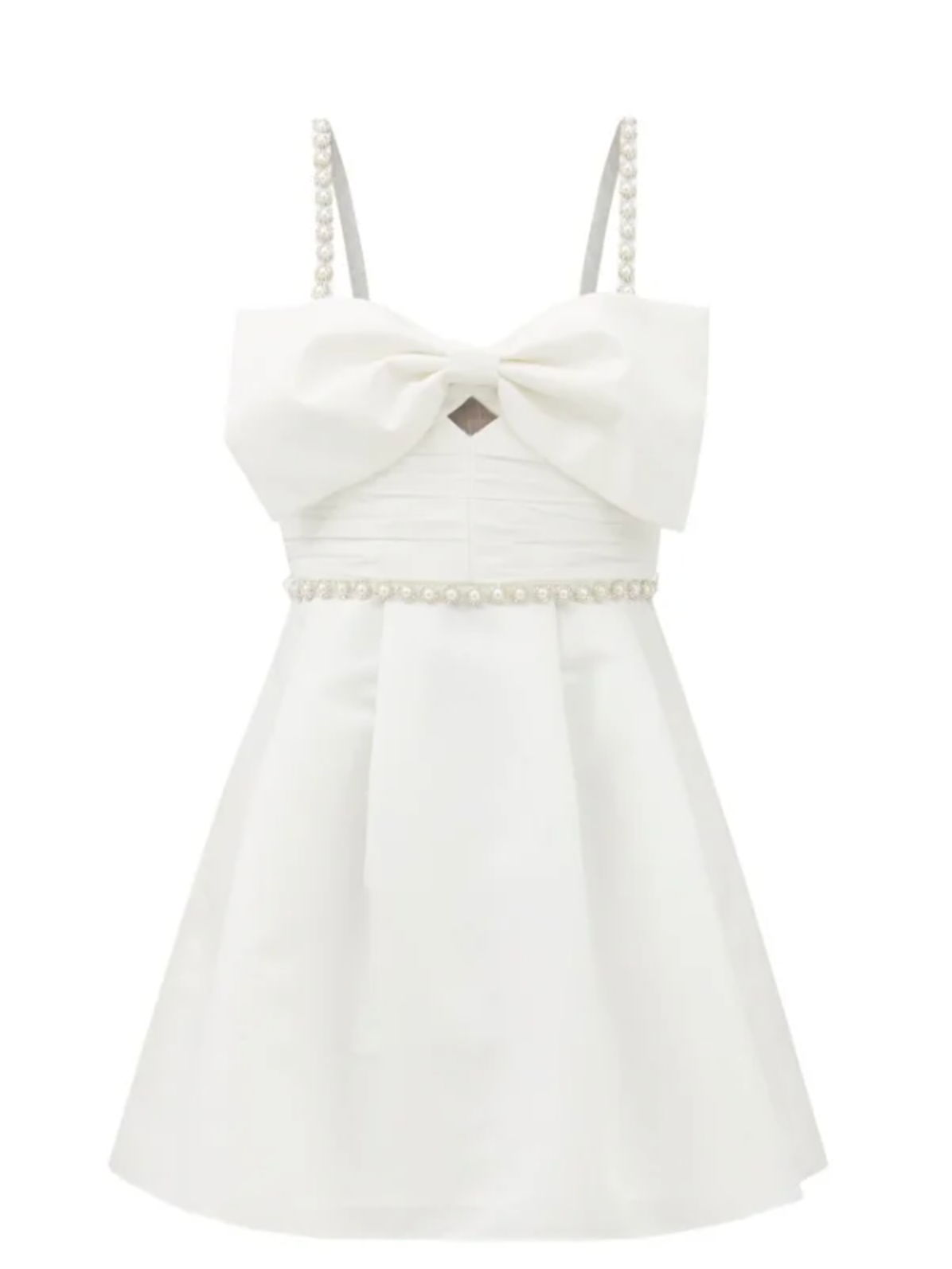SELF-PORTRAIT White Bow Front Pearl and Crystal Embellished Taffeta Mini Dress - House Of Huntington