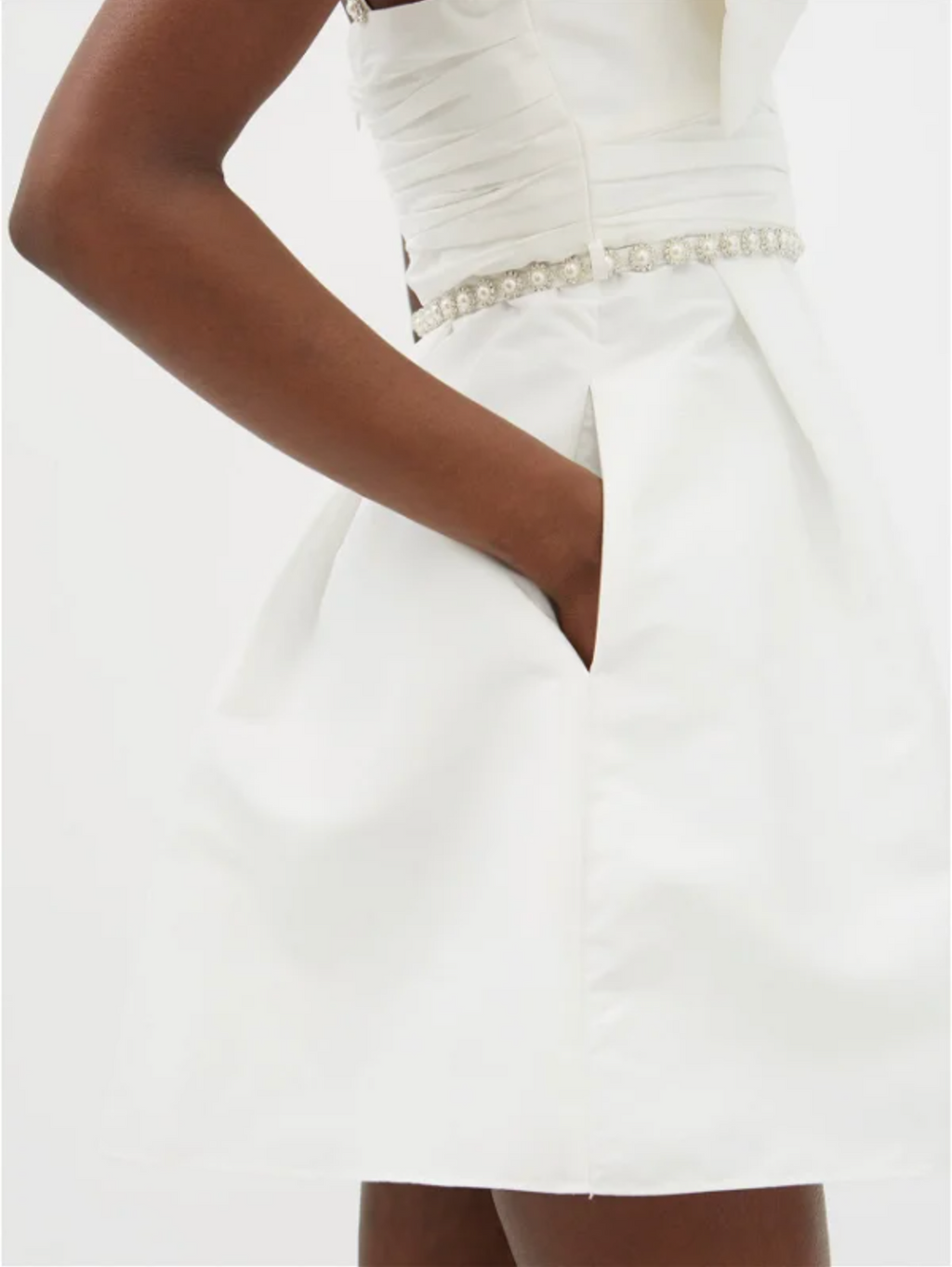 SELF-PORTRAIT White Bow Front Pearl and Crystal Embellished Taffeta Mini Dress - House Of Huntington