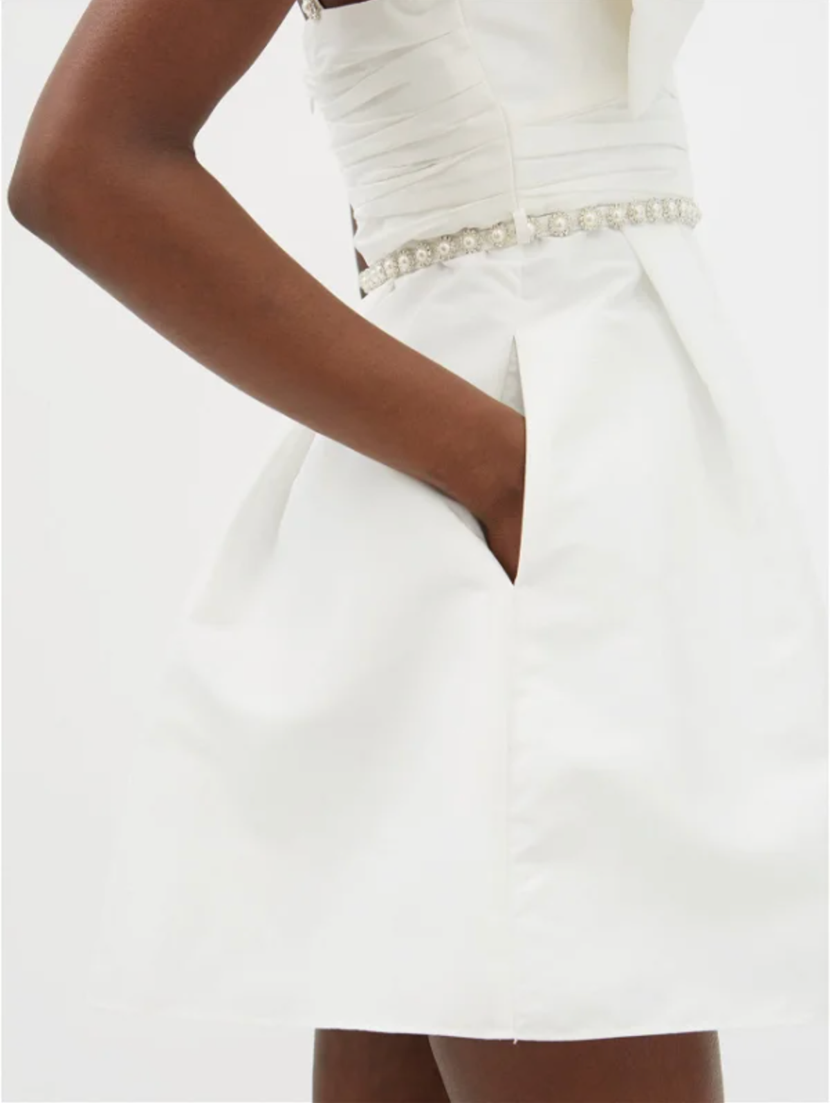 SELF-PORTRAIT White Bow Front Pearl and Crystal Embellished Taffeta Mini Dress - House Of Huntington