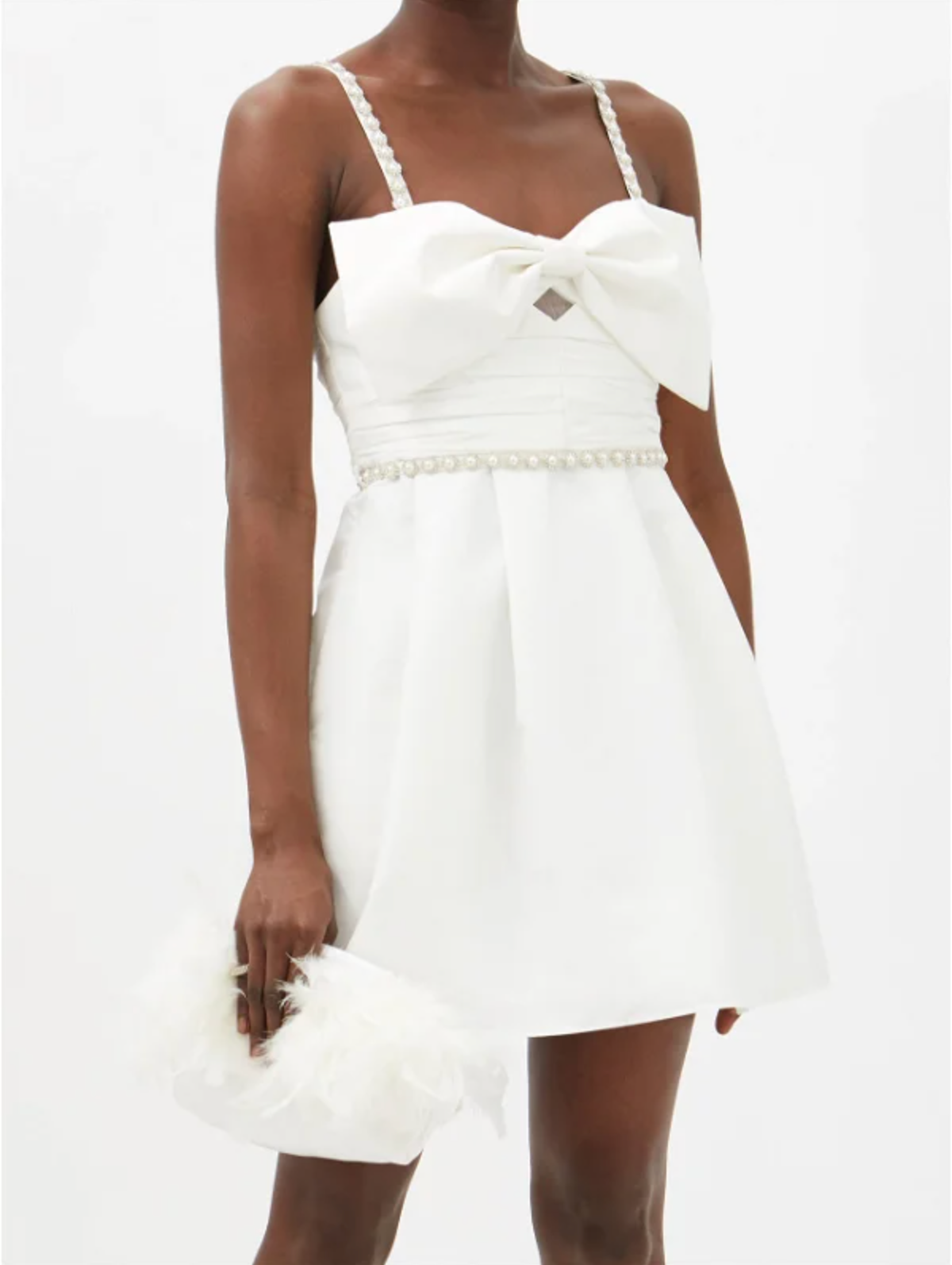 SELF-PORTRAIT White Bow Front Pearl and Crystal Embellished Taffeta Mini Dress - House Of Huntington