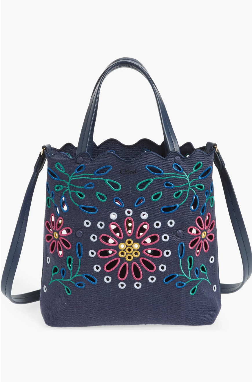 Chloé Kamilla North/South Floral Broderie Anglaise Embroidered Linen Tote Crossbody Handbag