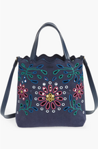 Chloé Kamilla North/South Floral Broderie Anglaise Embroidered Linen Tote Crossbody Handbag
