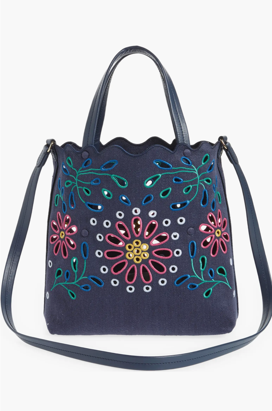 Chloé Kamilla North/South Floral Broderie Anglaise Embroidered Linen Tote Crossbody Handbag
