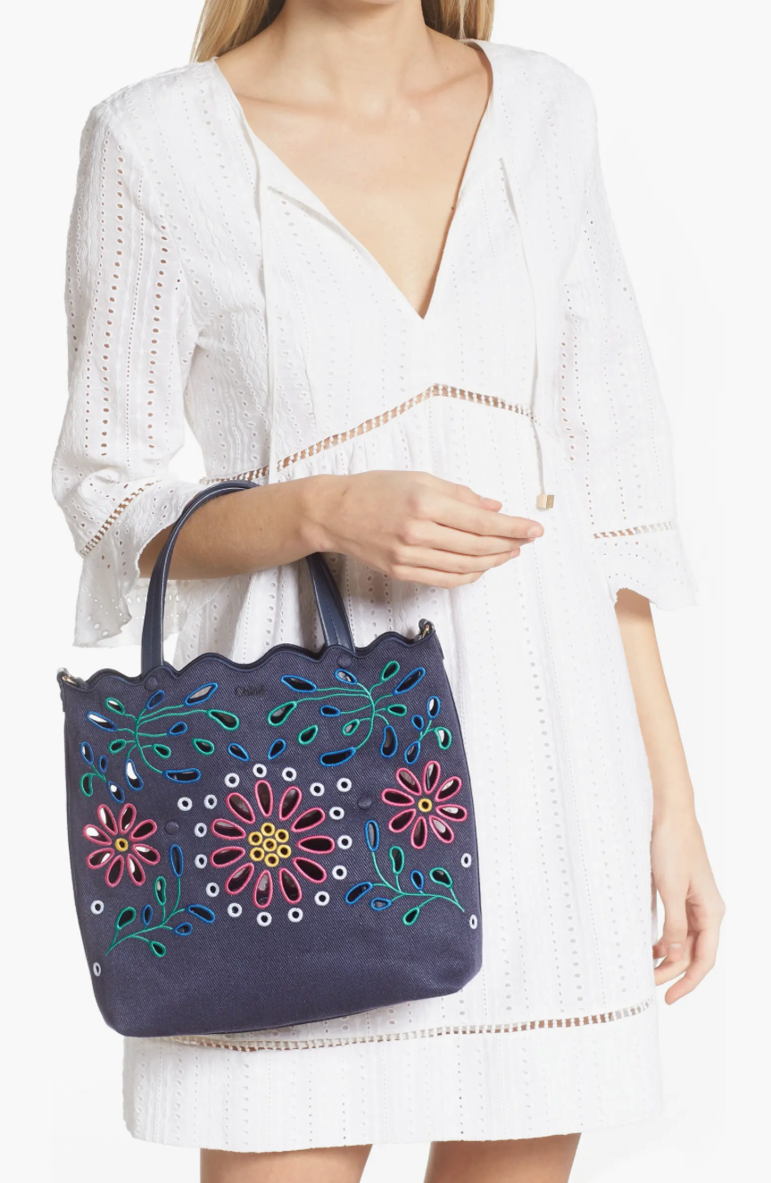 Chloé Kamilla North/South Floral Broderie Anglaise Embroidered Linen Tote Crossbody Handbag