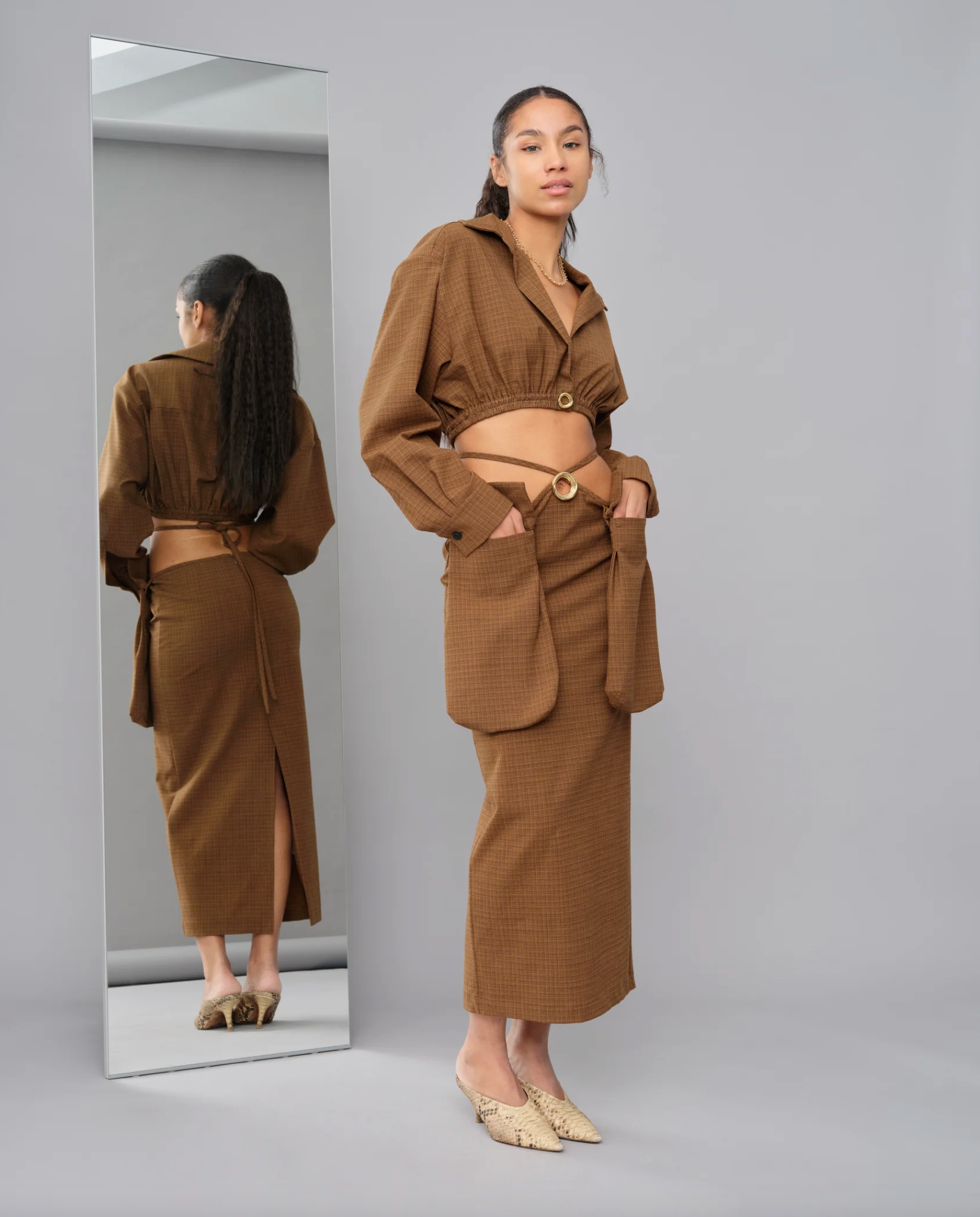 Christopher Esber Brown Wool Blend Checked Cargo Midi Skirt