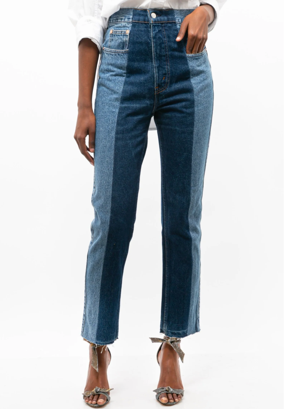 E.L.V. Denim The Twin Frayed Two-Tone High-Rise Straight-Leg Jeans