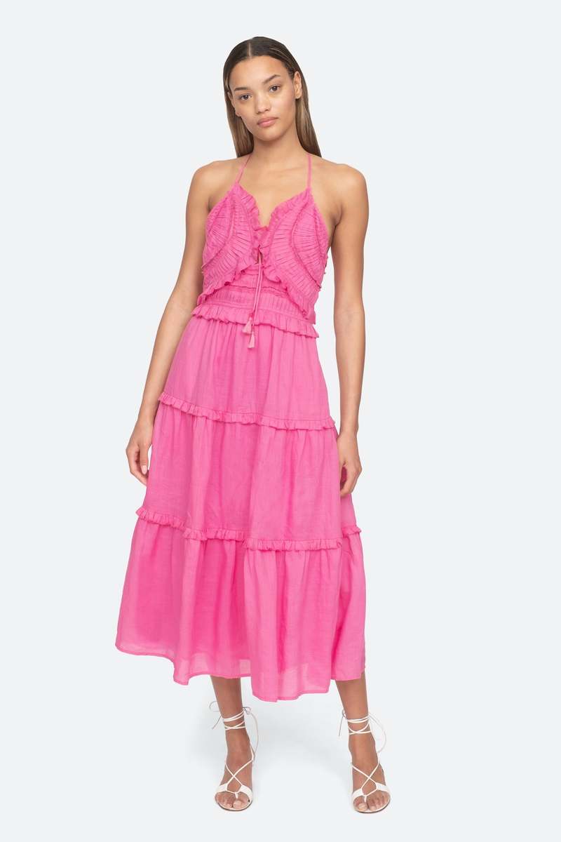 Sea New York Pink Cole Smocked Halterneck Ramie Dress