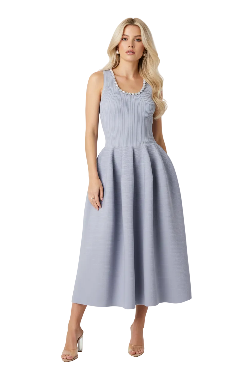 Self-Portrait Light Blue Crystal Embellished Ribbed Stretch Knit Midi – House Of Huntington