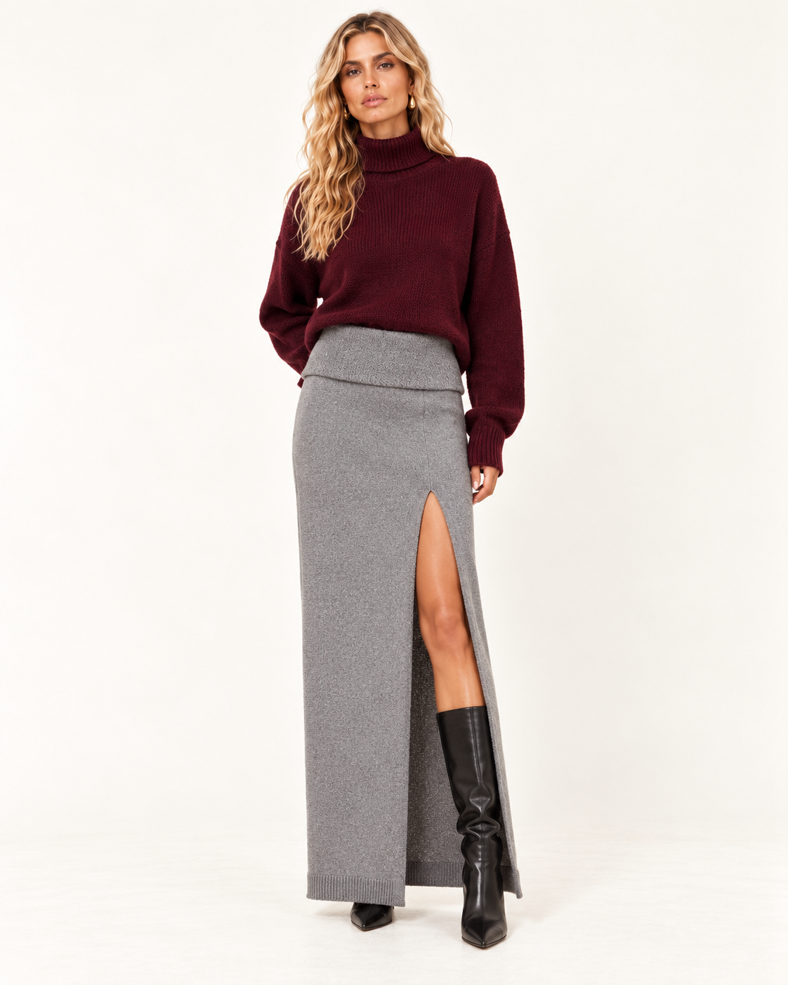 Skims Grey Boucle Knit Slit Maxi Skirt