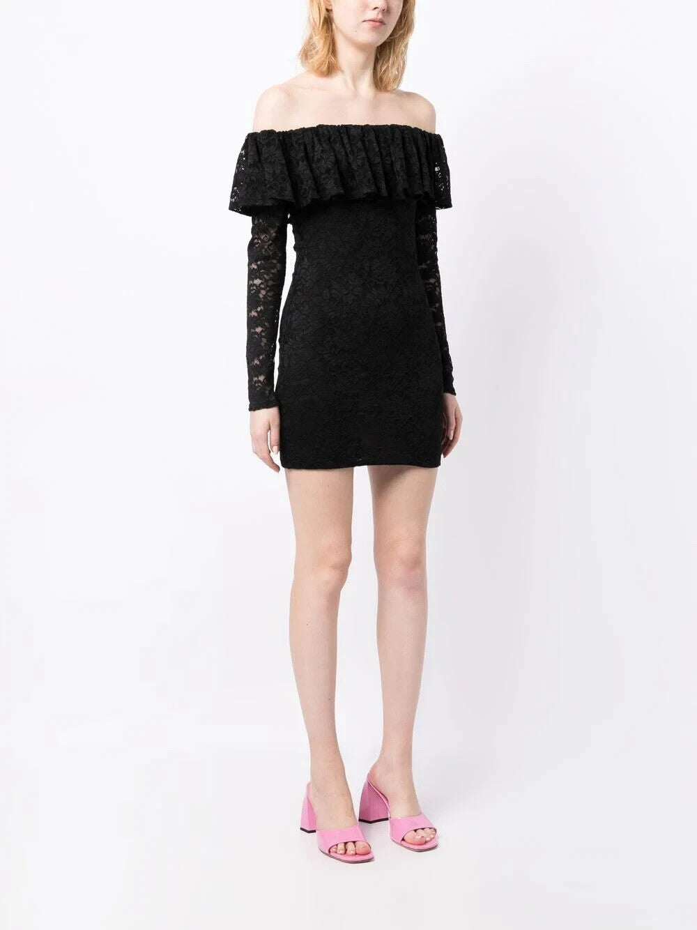 CAROLINE CONSTAS Alessia Black Floral Lace Off Shoulder Mini Dress - House Of Huntington