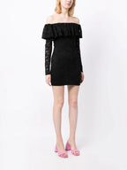 CAROLINE CONSTAS Alessia Black Floral Lace Off Shoulder Mini Dress - House Of Huntington