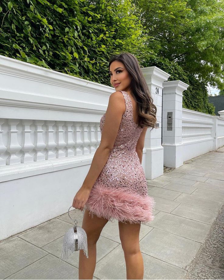NADINE MERABI Pink Evie Pearl Sequin Embellished Feather Trim Dress - House Of Huntington