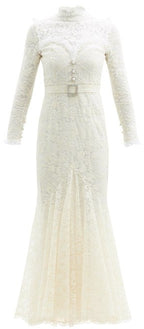 Alessandra Rich White High Neck Sweetheart Floral Lace Crystal Pearl Button Belted Wedding Dress Gown - House Of Huntington