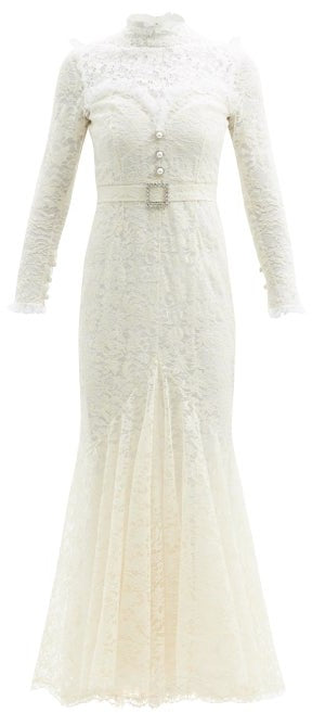 Alessandra Rich White High Neck Sweetheart Floral Lace Crystal Pearl Button Belted Wedding Dress Gown - House Of Huntington