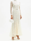 Alessandra Rich White High Neck Sweetheart Floral Lace Crystal Pearl Button Belted Wedding Dress Gown - House Of Huntington