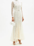 Alessandra Rich White High Neck Sweetheart Floral Lace Crystal Pearl Button Belted Wedding Dress Gown - House Of Huntington