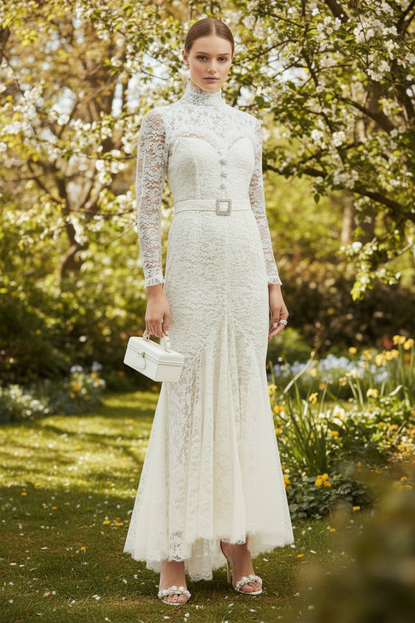 Alessandra Rich White High Neck Sweetheart Floral Lace Crystal Pearl Button Belted Wedding Dress Gown - House Of Huntington