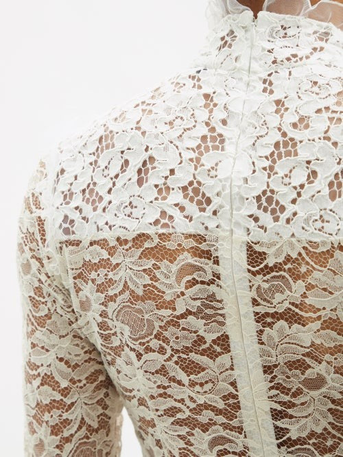 Alessandra Rich White High Neck Sweetheart Floral Lace Crystal Pearl Button Belted Wedding Dress Gown - House Of Huntington