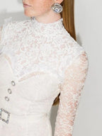 Alessandra Rich White High Neck Sweetheart Floral Lace Crystal Pearl Button Belted Wedding Dress Gown - House Of Huntington