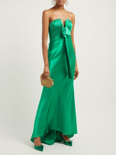 Alessandra Rich Emerald Green Satin Silk Charmeuse Ruched Strapless Go – House Of Huntington Alessandra Rich Emerald Green Satin Silk Charmeuse Ruched Strapless Go – House Of Huntington