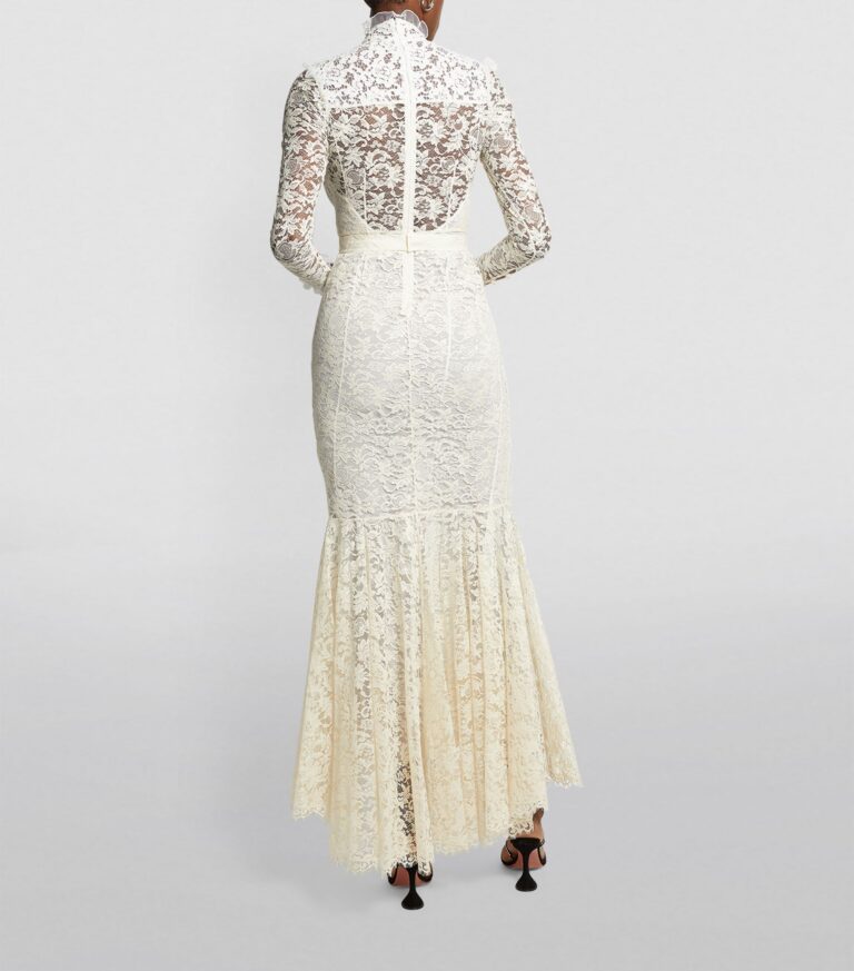 Alessandra Rich White High Neck Sweetheart Floral Lace Crystal Pearl Button Belted Wedding Dress Gown - House Of Huntington