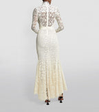 Alessandra Rich White High Neck Sweetheart Floral Lace Crystal Pearl Button Belted Wedding Dress Gown - House Of Huntington