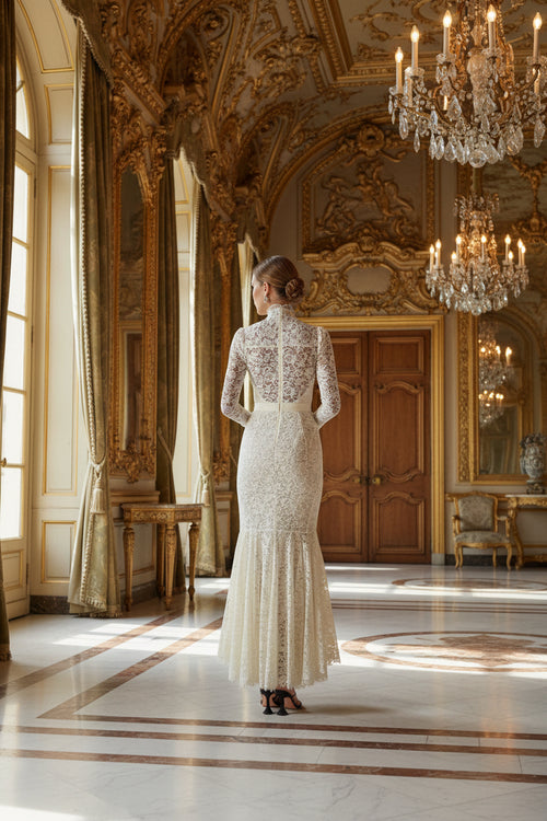 Alessandra Rich White High Neck Sweetheart Floral Lace Crystal Pearl Button Belted Wedding Dress Gown - House Of Huntington