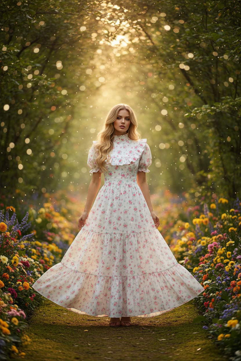 Woman in a floral dress standing in a magical forest with sunlight filtering through the trees.
