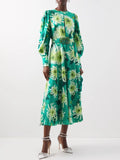Andrew gn green floral pure silk woven balloon sleeve midi dress