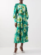 Andrew gn green floral pure silk woven balloon sleeve midi dress