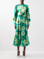 Andrew gn green floral pure silk woven balloon sleeve midi dress