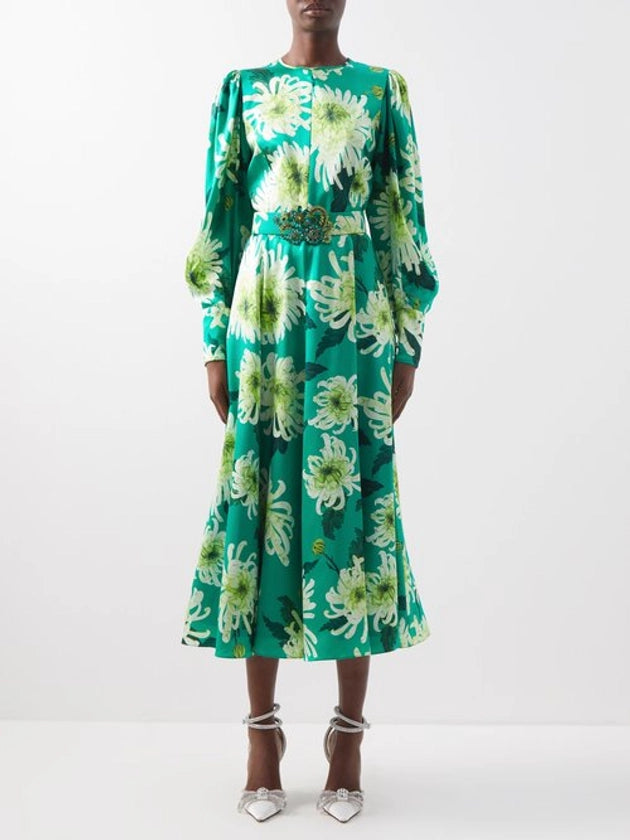 Andrew GN Green Floral Pure Silk Woven Balloon Sleeve Midi Dress