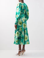 Andrew gn green floral pure silk woven balloon sleeve midi dress