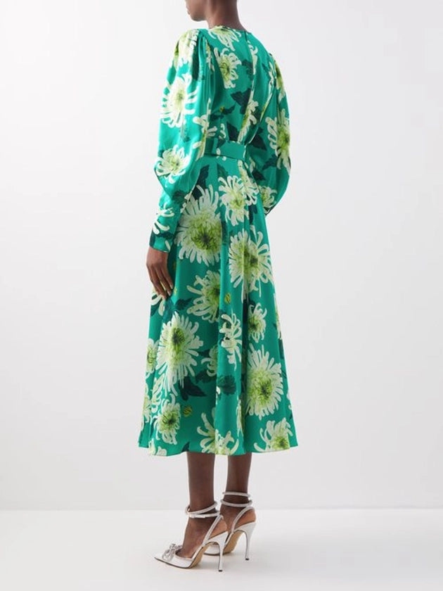 Andrew GN Green Floral Pure Silk Woven Balloon Sleeve Midi Dress