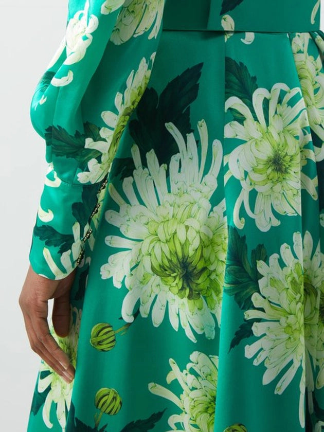 Andrew gn green floral pure silk woven balloon sleeve midi dress