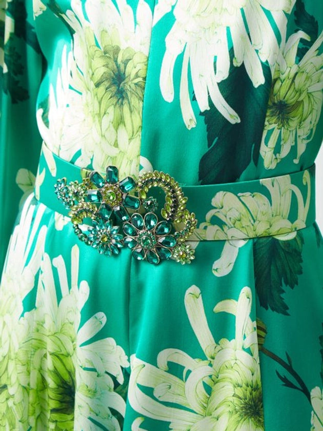 Andrew gn green floral pure silk woven balloon sleeve midi dress