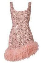 NADINE MERABI Pink Evie Pearl Sequin Embellished Feather Trim Dress - House Of Huntington