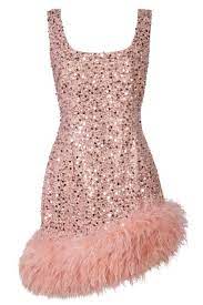 NADINE MERABI Pink Evie Pearl Sequin Embellished Feather Trim Dress - House Of Huntington