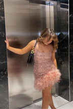 NADINE MERABI Pink Evie Pearl Sequin Embellished Feather Trim Dress - House Of Huntington