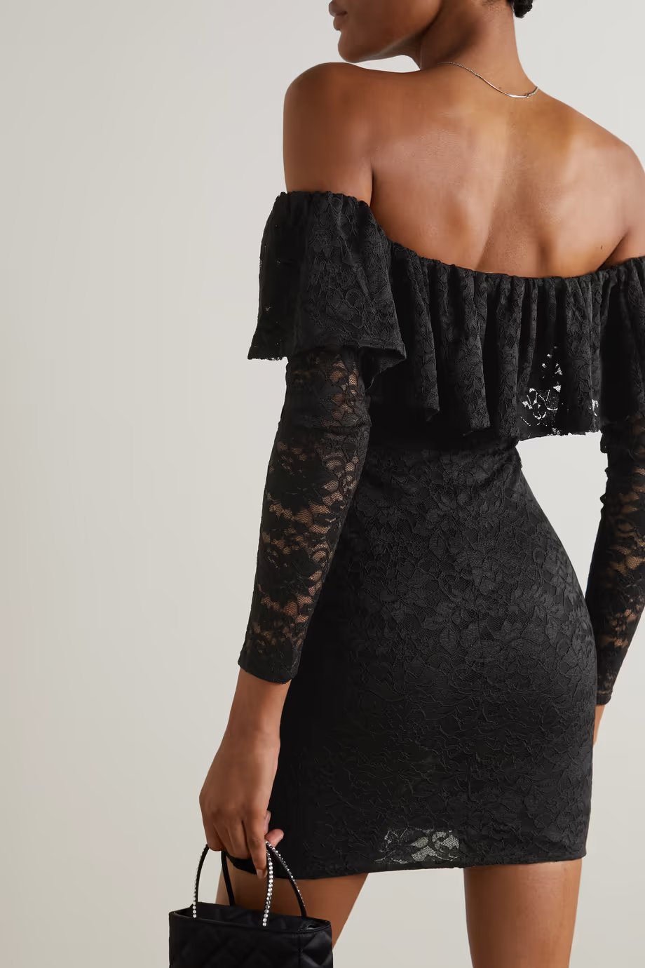 CAROLINE CONSTAS Alessia Black Floral Lace Off Shoulder Mini Dress - House Of Huntington