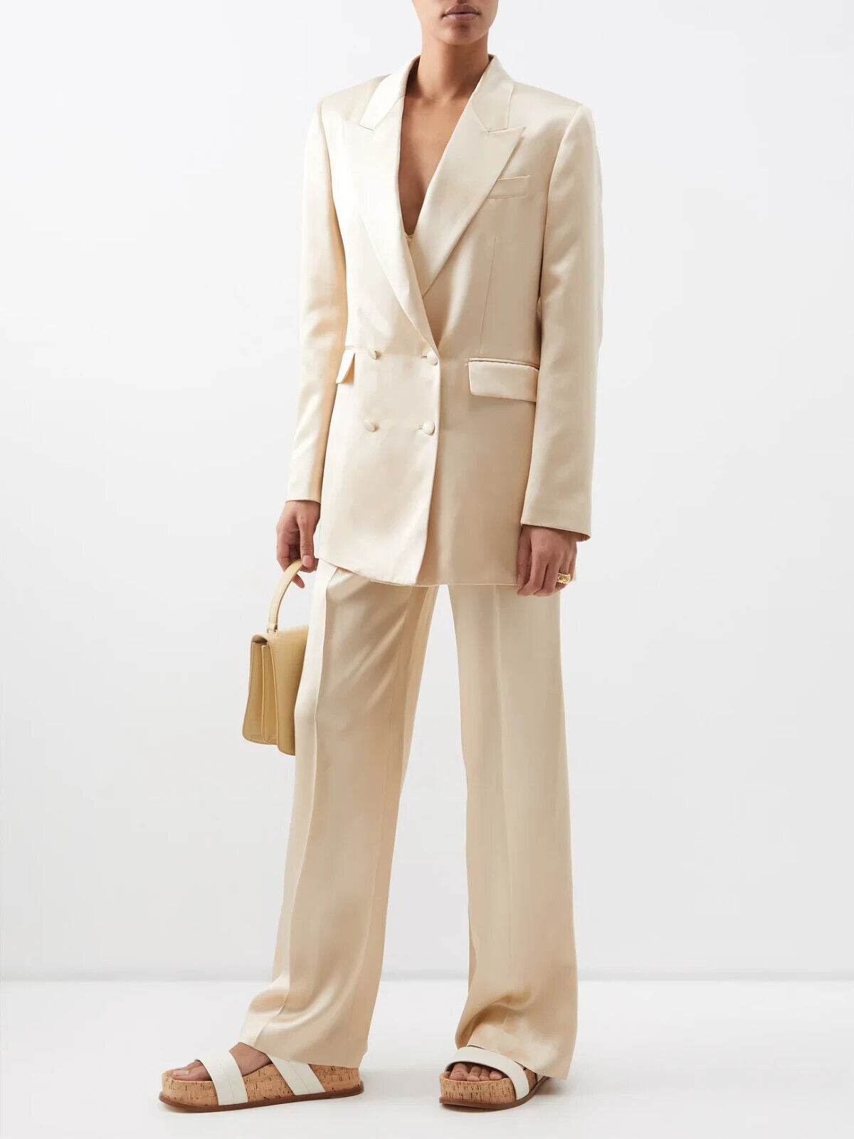 GABRIELA HEARST Satin Beige Elmore Double Breasted Blazer Jacket - House Of Huntington